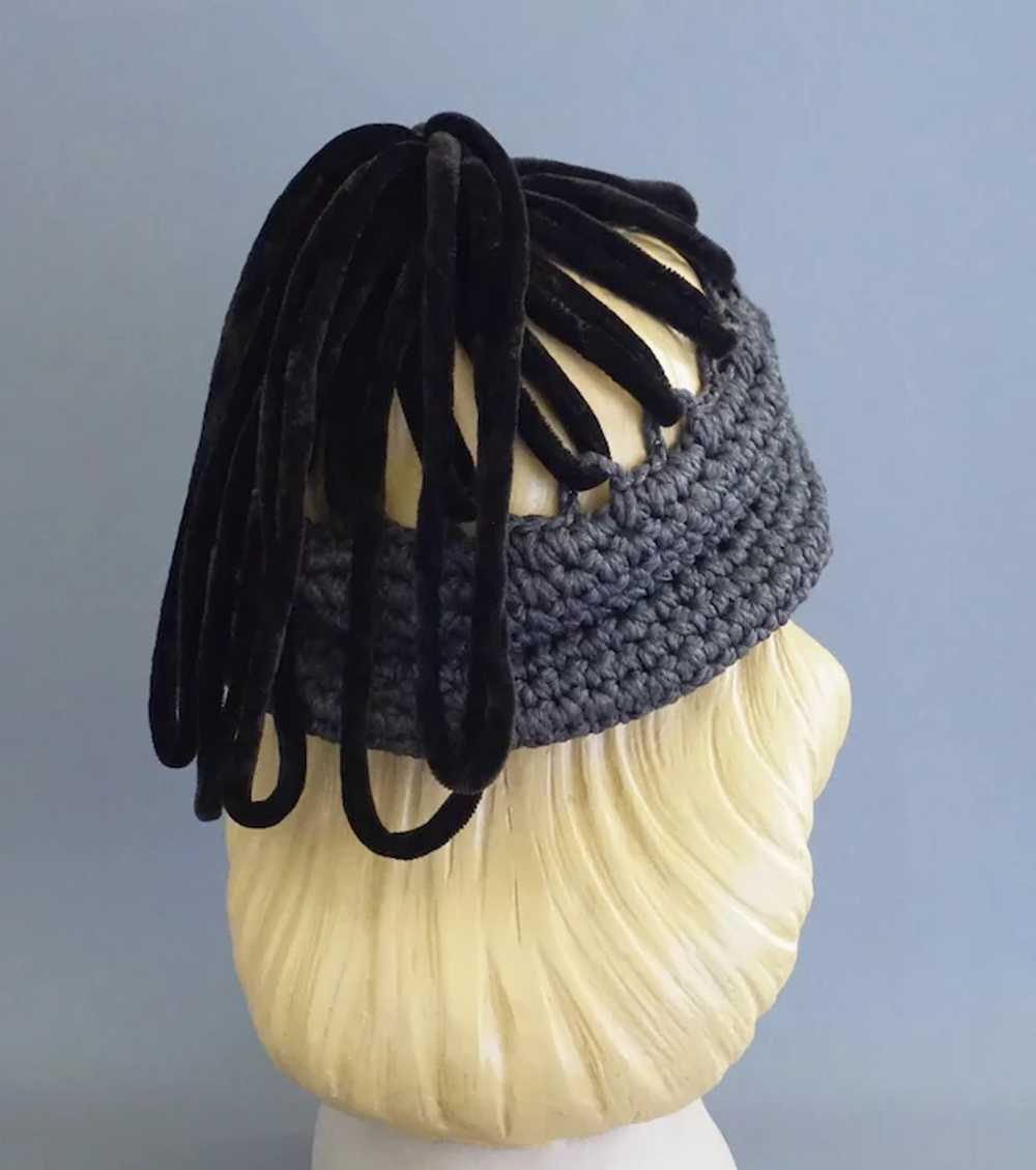 1940s Grey Crochet Cap with Brown Velvet Loops by… - image 9