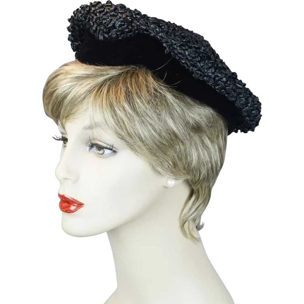 50s Black Cello Straw Banded Beret Hat by Trebor - image 1