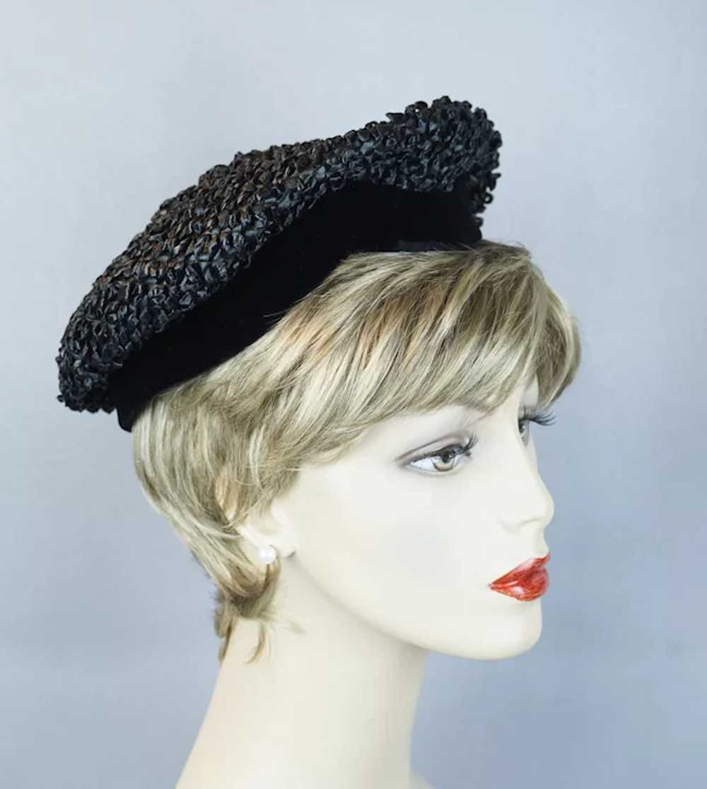50s Black Cello Straw Banded Beret Hat by Trebor - image 2