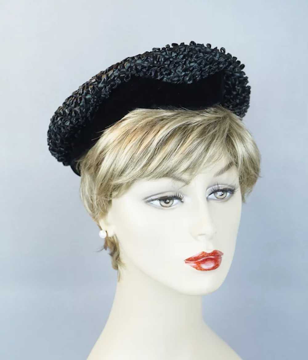 50s Black Cello Straw Banded Beret Hat by Trebor - image 3