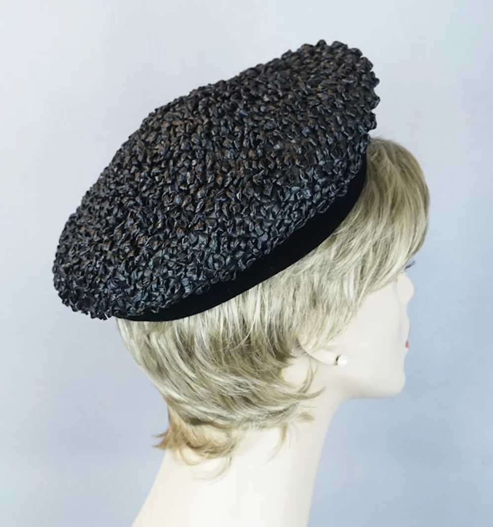 50s Black Cello Straw Banded Beret Hat by Trebor - image 4