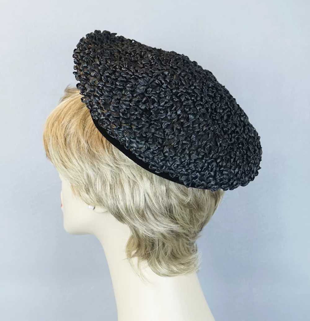 50s Black Cello Straw Banded Beret Hat by Trebor - image 5