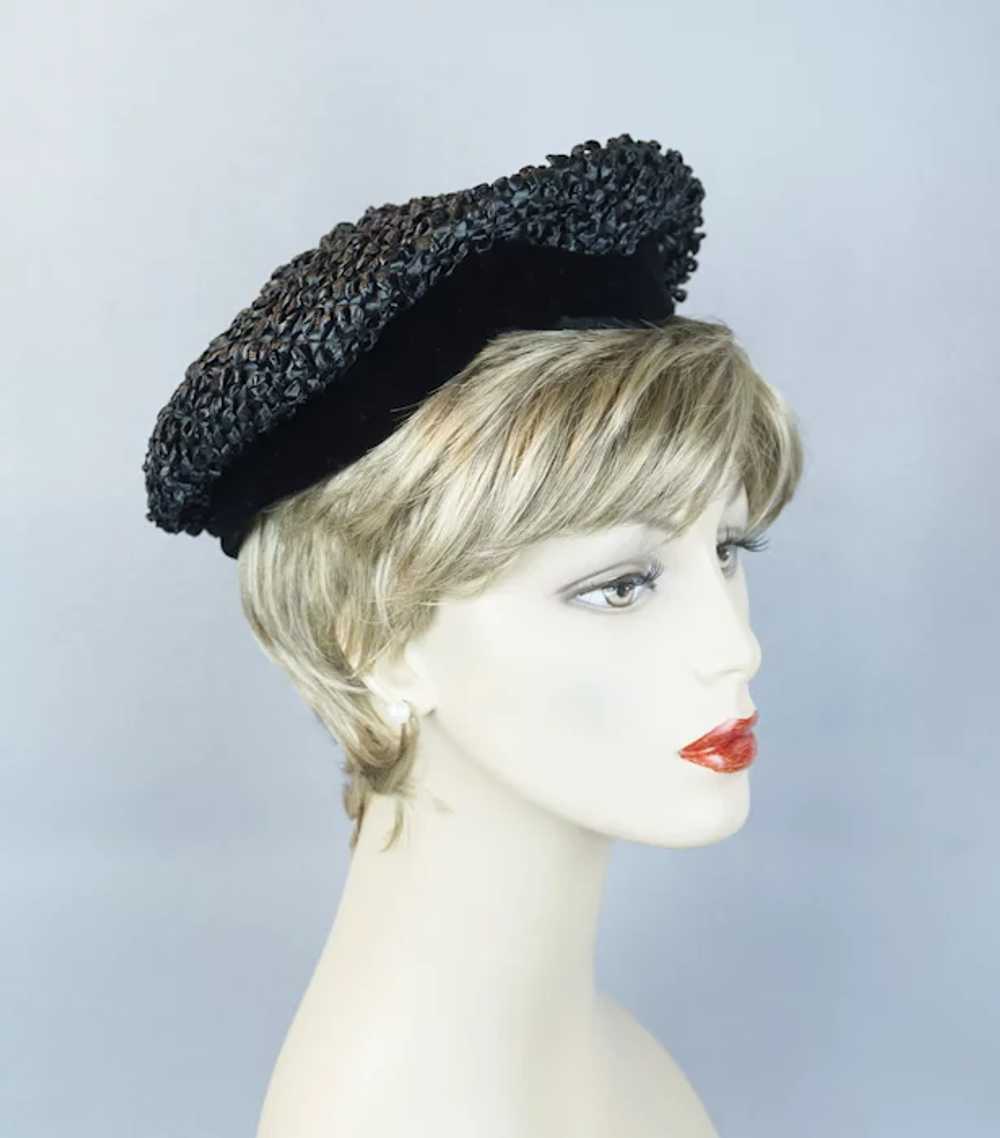 50s Black Cello Straw Banded Beret Hat by Trebor - image 6