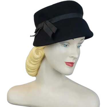 50s - 60s Black Wool Bucket Style Church Hat,  Sz… - image 1