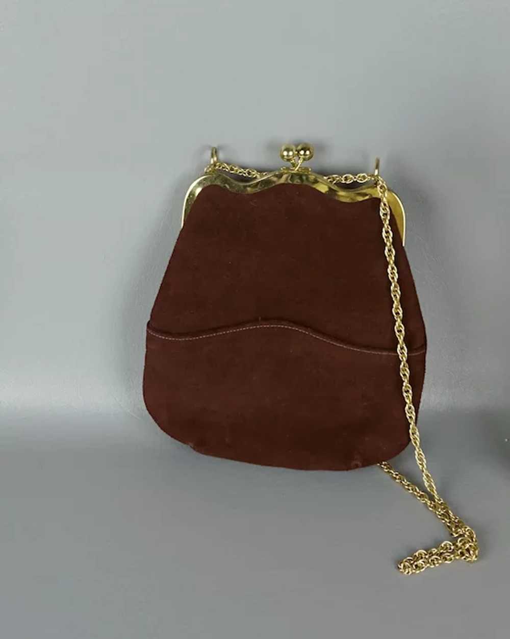 NOS 80s Brown Suede Envelope Handbag, Top Handle,… - image 10