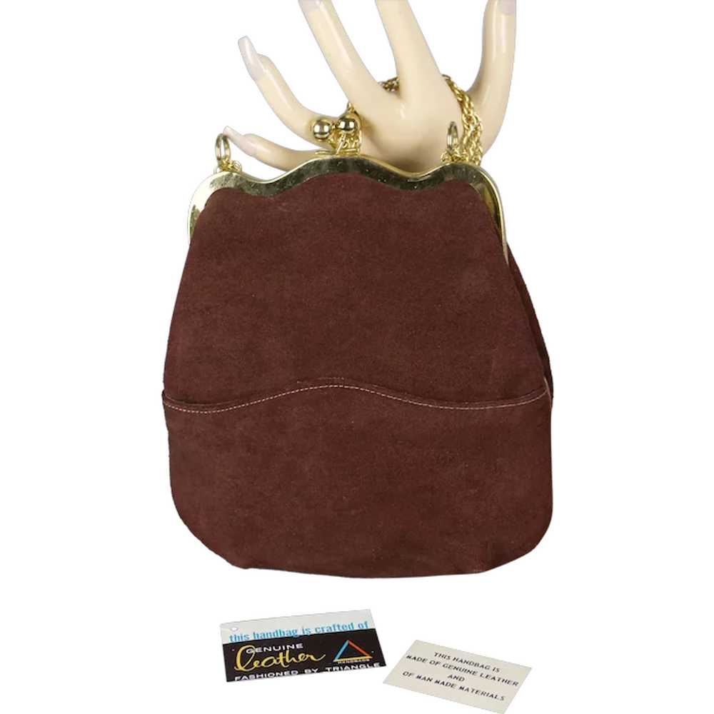 NOS 80s Brown Suede Envelope Handbag, Top Handle,… - image 1