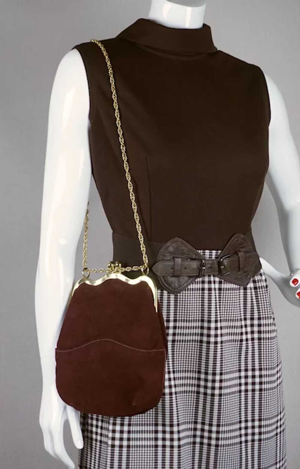 NOS 80s Brown Suede Envelope Handbag, Top Handle,… - image 2