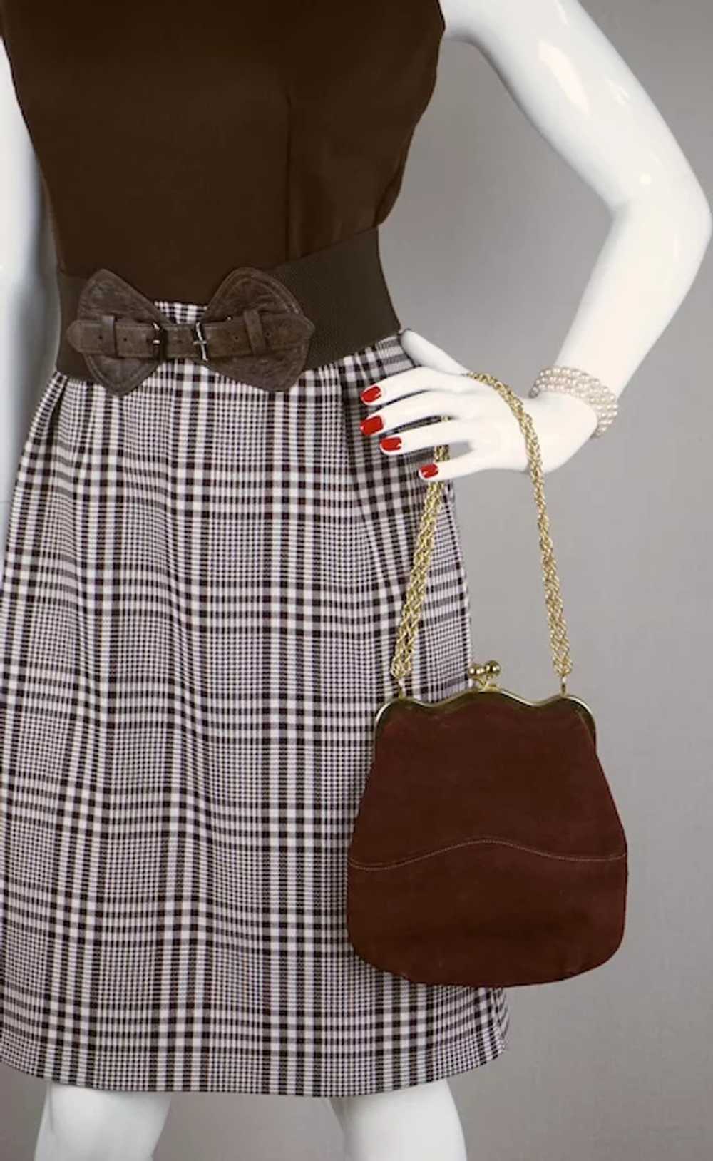 NOS 80s Brown Suede Envelope Handbag, Top Handle,… - image 3
