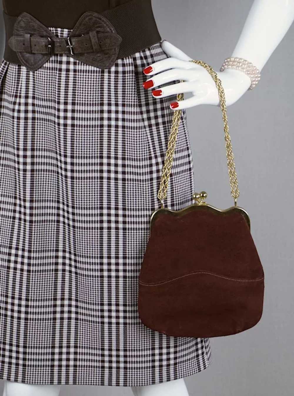 NOS 80s Brown Suede Envelope Handbag, Top Handle,… - image 4