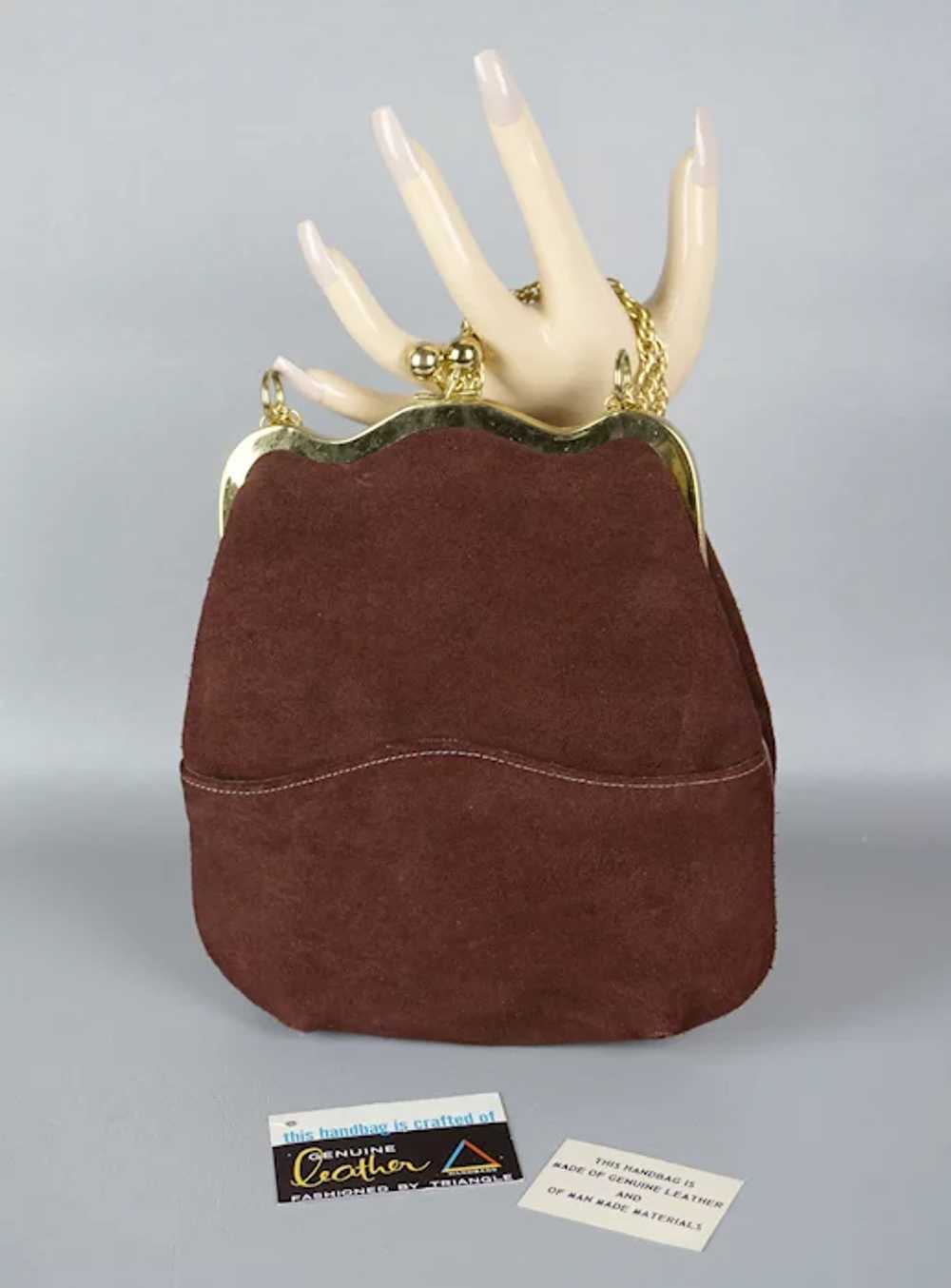 NOS 80s Brown Suede Envelope Handbag, Top Handle,… - image 5