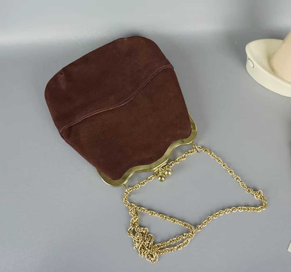 NOS 80s Brown Suede Envelope Handbag, Top Handle,… - image 9