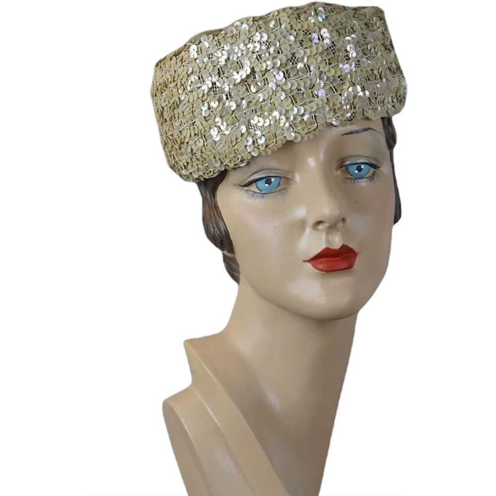 60s Beige Iridescent Sequin Pillbox Hat - image 1