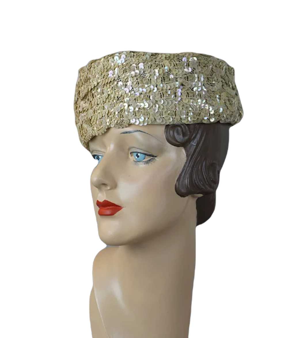 60s Beige Iridescent Sequin Pillbox Hat - image 2