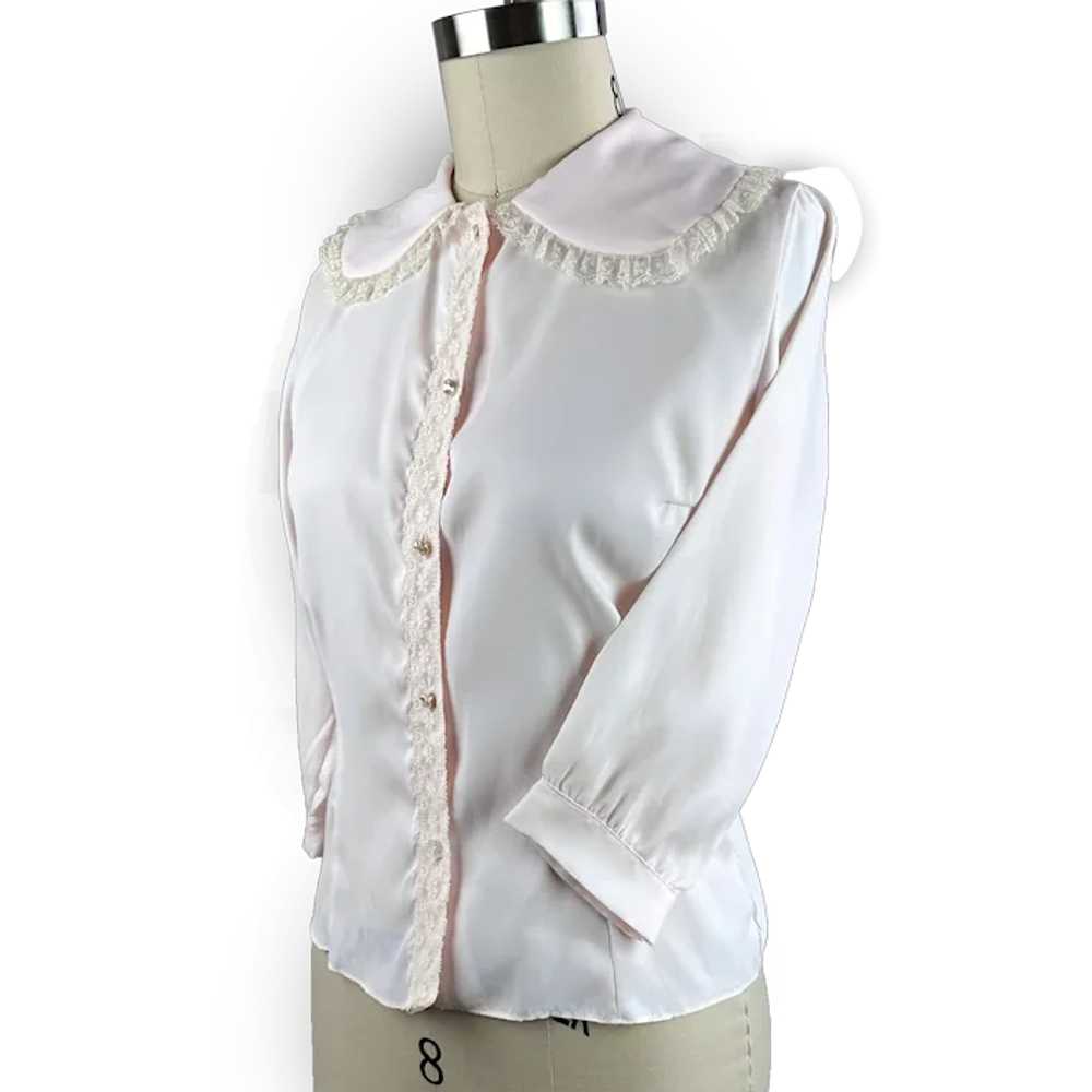 50s Pink Nylon Lace Blouse w/ Elbow Sleeves, B36 - image 1