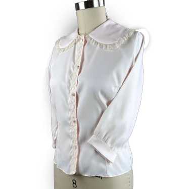 50s Pink Nylon Lace Blouse w/ Elbow Sleeves, B36 - image 1