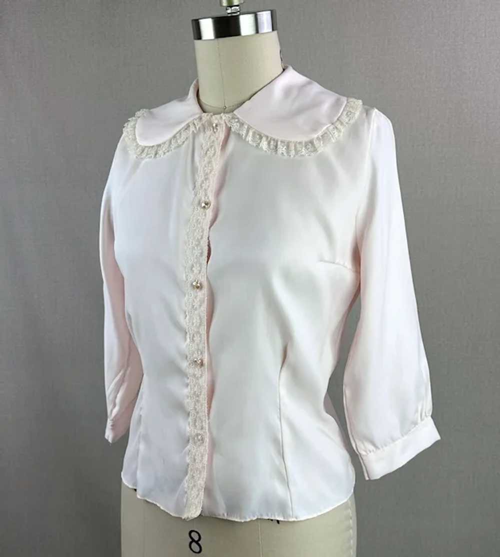 50s Pink Nylon Lace Blouse w/ Elbow Sleeves, B36 - image 2