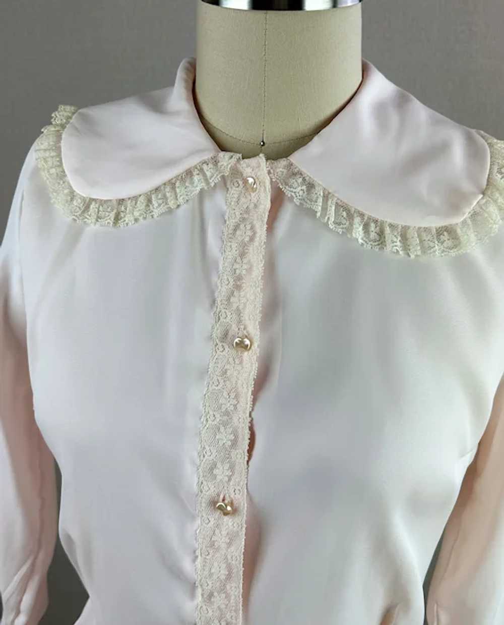50s Pink Nylon Lace Blouse w/ Elbow Sleeves, B36 - image 3