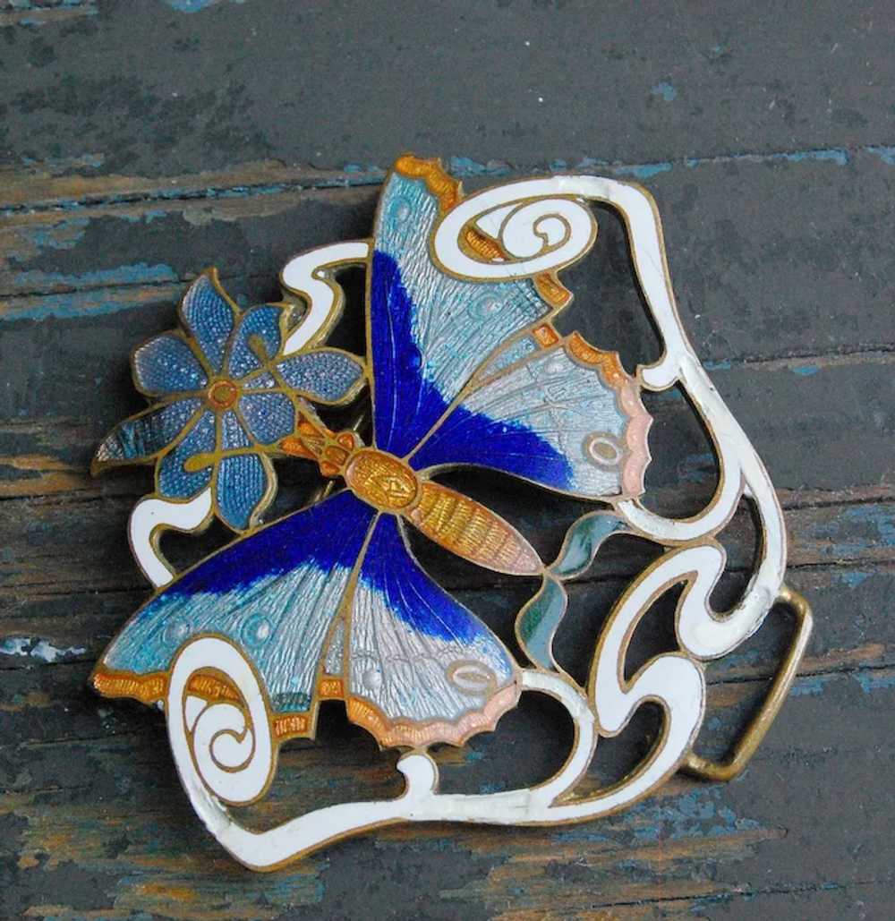 Enamel Butterfly Art Nouveau Buckle Pendant - image 3