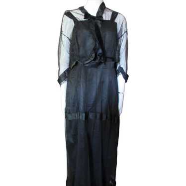 1920 1930 Era Black Taffeta and Net Long Dress wi… - image 1
