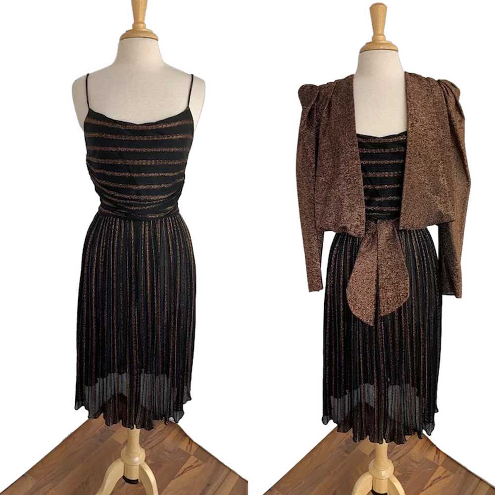 1980s Strappy, Copper Metallic Dress with Jacket - image 1