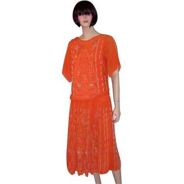 Early 1920's Vivid Orange Gown with White Beadwor… - image 1