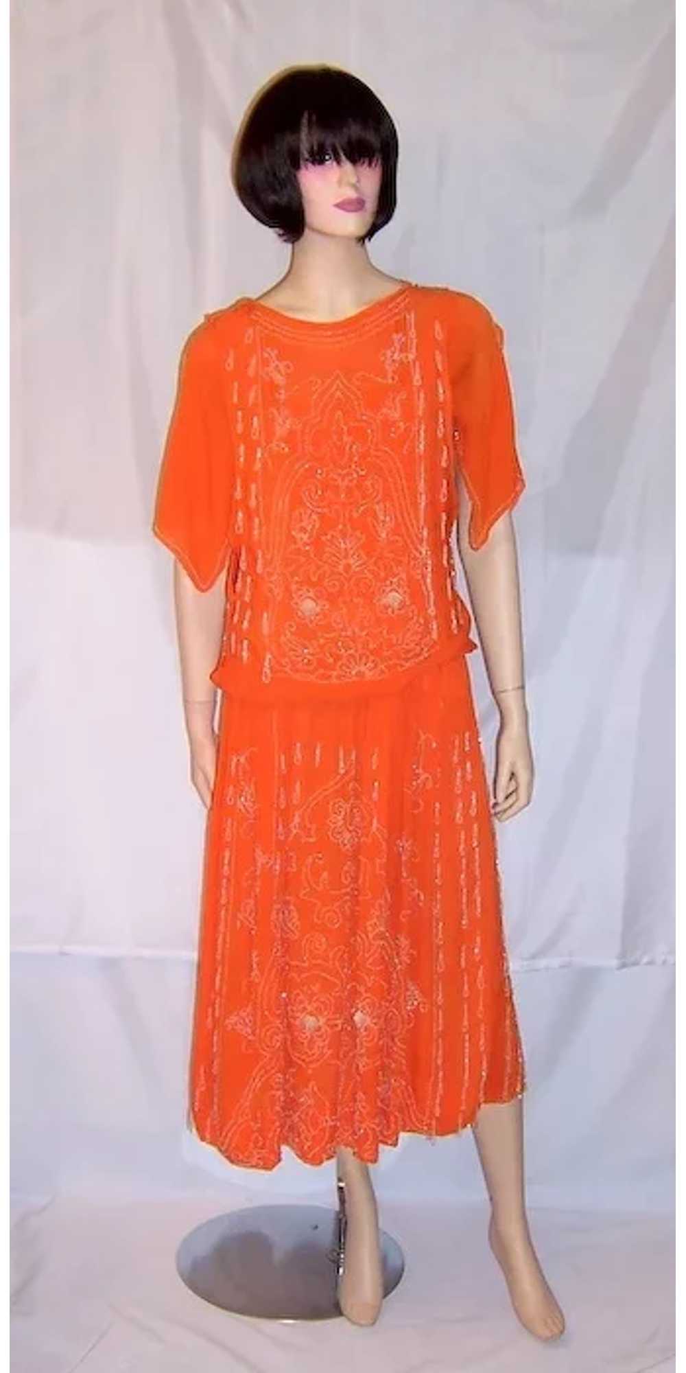 Early 1920's Vivid Orange Gown with White Beadwor… - image 2