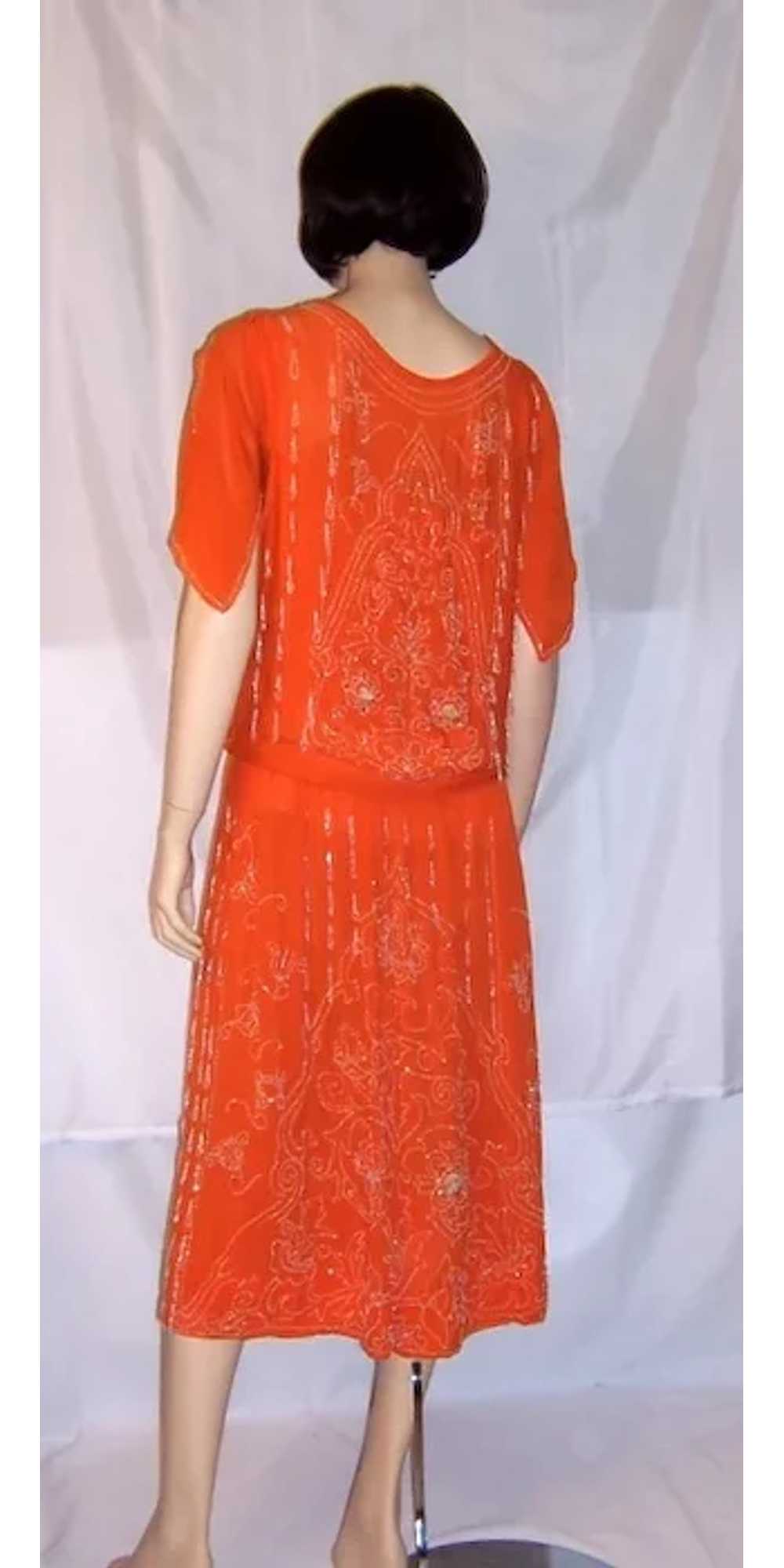 Early 1920's Vivid Orange Gown with White Beadwor… - image 5