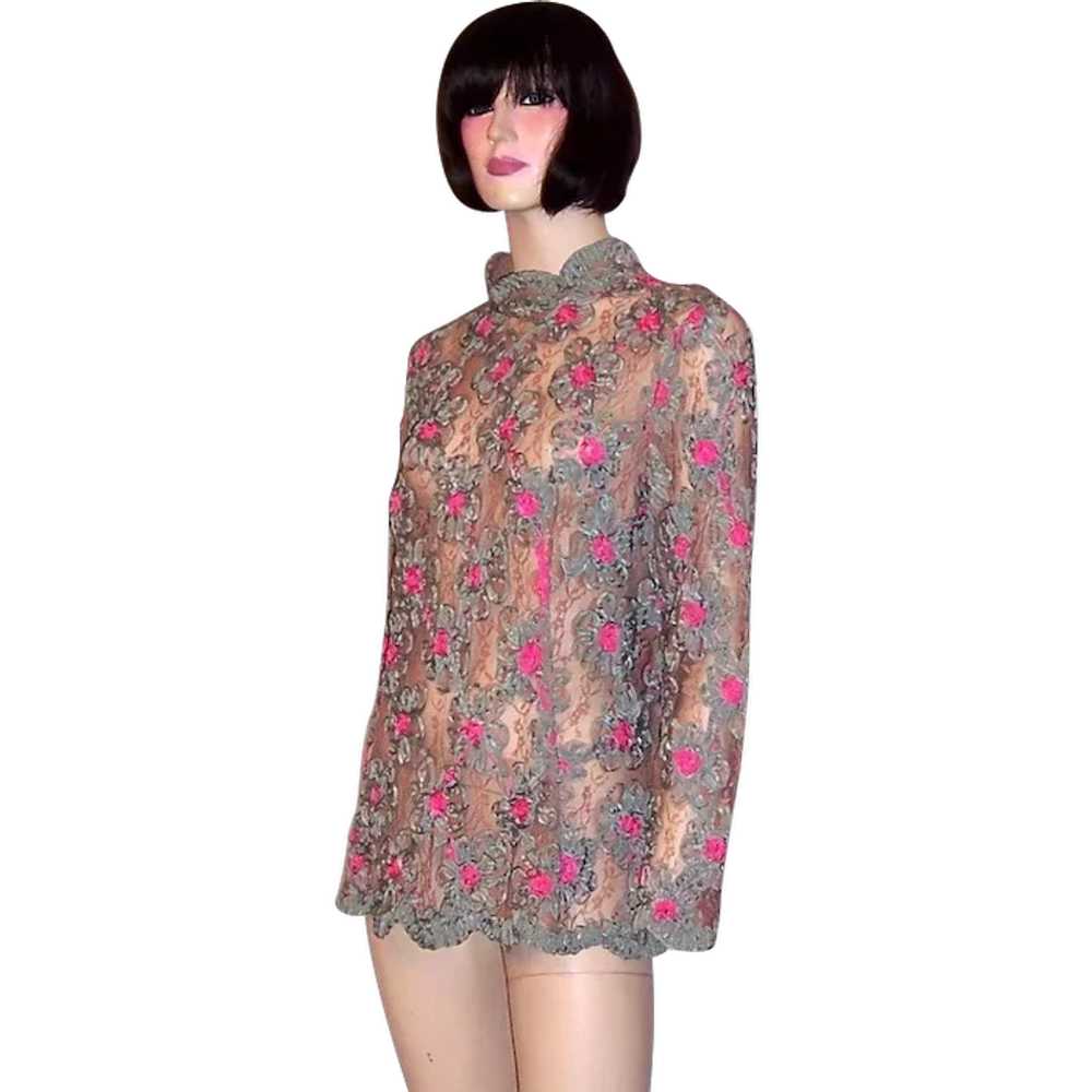 Pink and Teal Green Silk Ribbon Blouse on Mocha L… - image 1