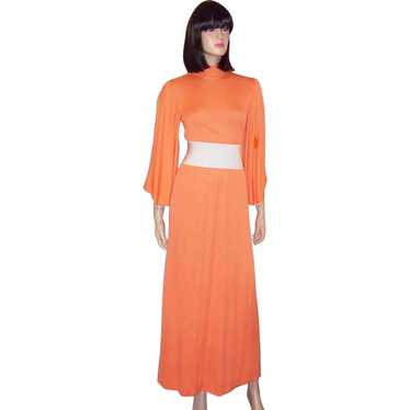 1970's Double-Knit Melon-Colored, Maxi Dress with… - image 1