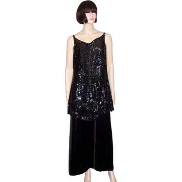 Early 1920's Black Silk Velvet Gown with Sequined… - image 1