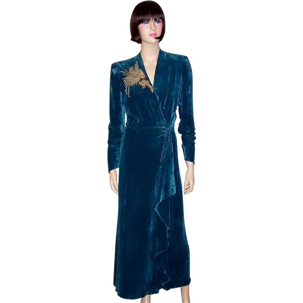 Luxurious Teal Silk Velvet House Wrapper with Bea… - image 1