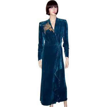 Luxurious Teal Silk Velvet House Wrapper with Bea… - image 1
