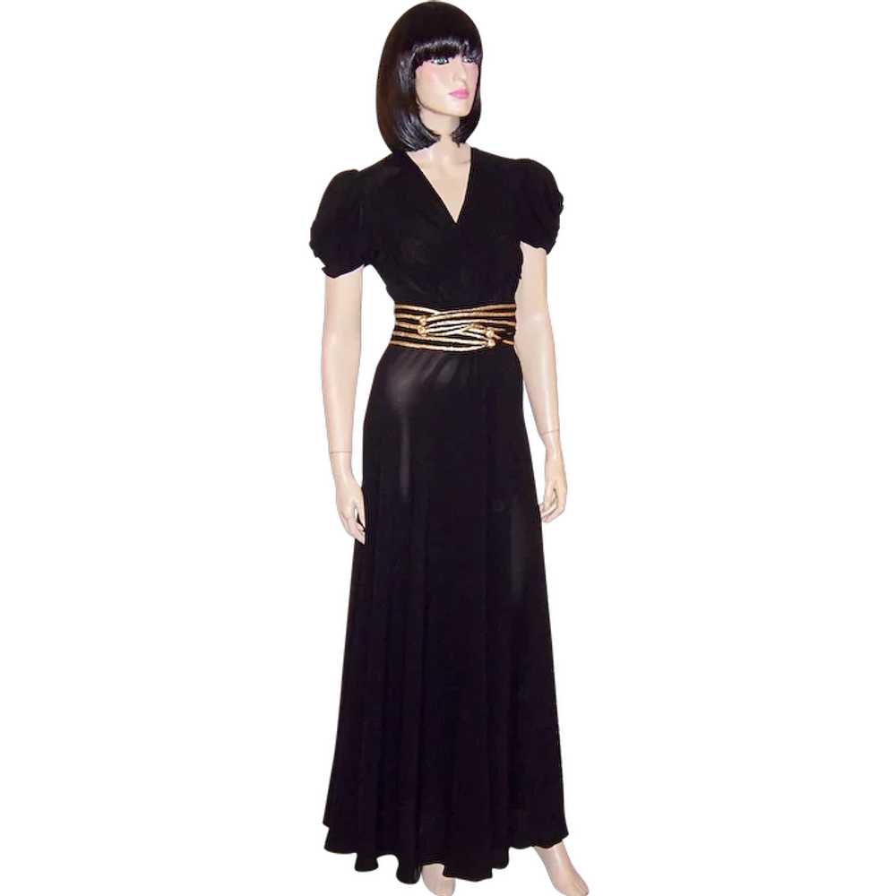 Thirties-Forties Black Crepe Gown with Gold Braid… - image 1