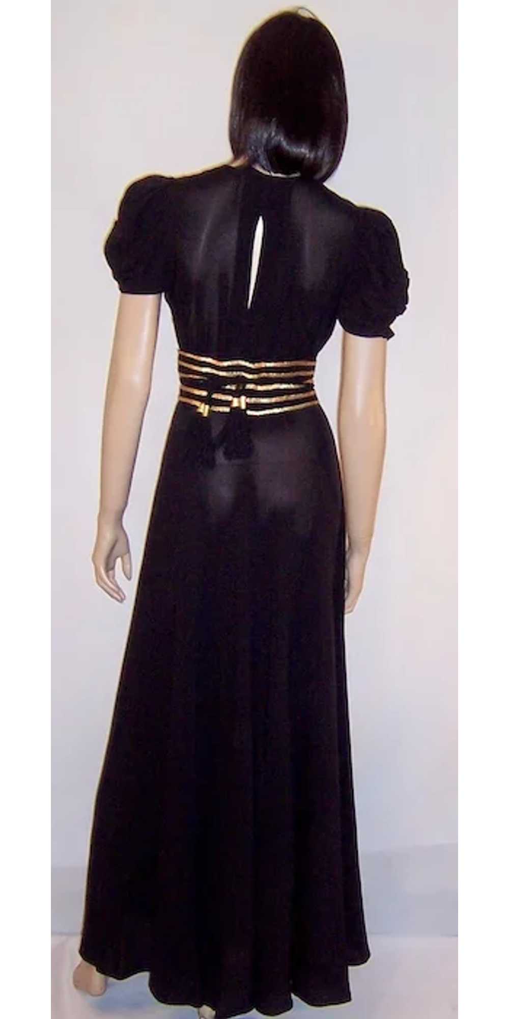 Thirties-Forties Black Crepe Gown with Gold Braid… - image 3
