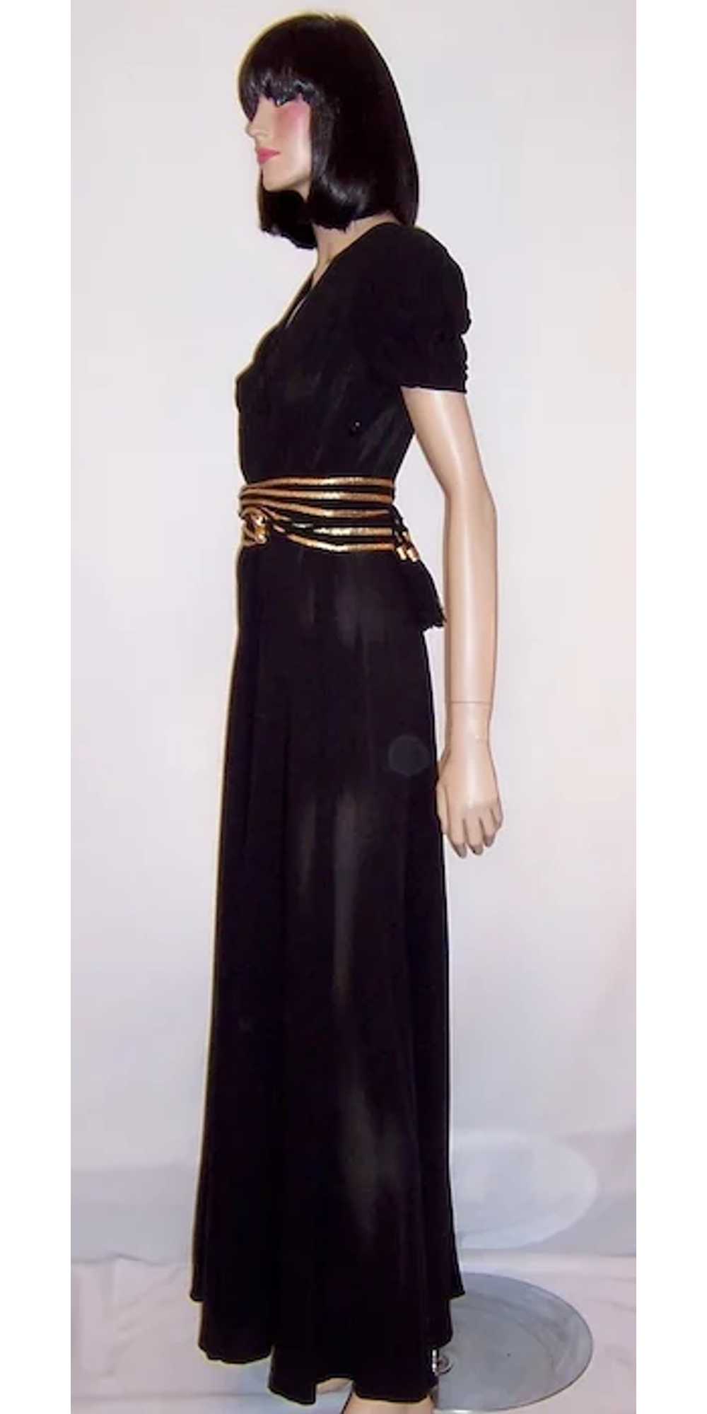 Thirties-Forties Black Crepe Gown with Gold Braid… - image 4