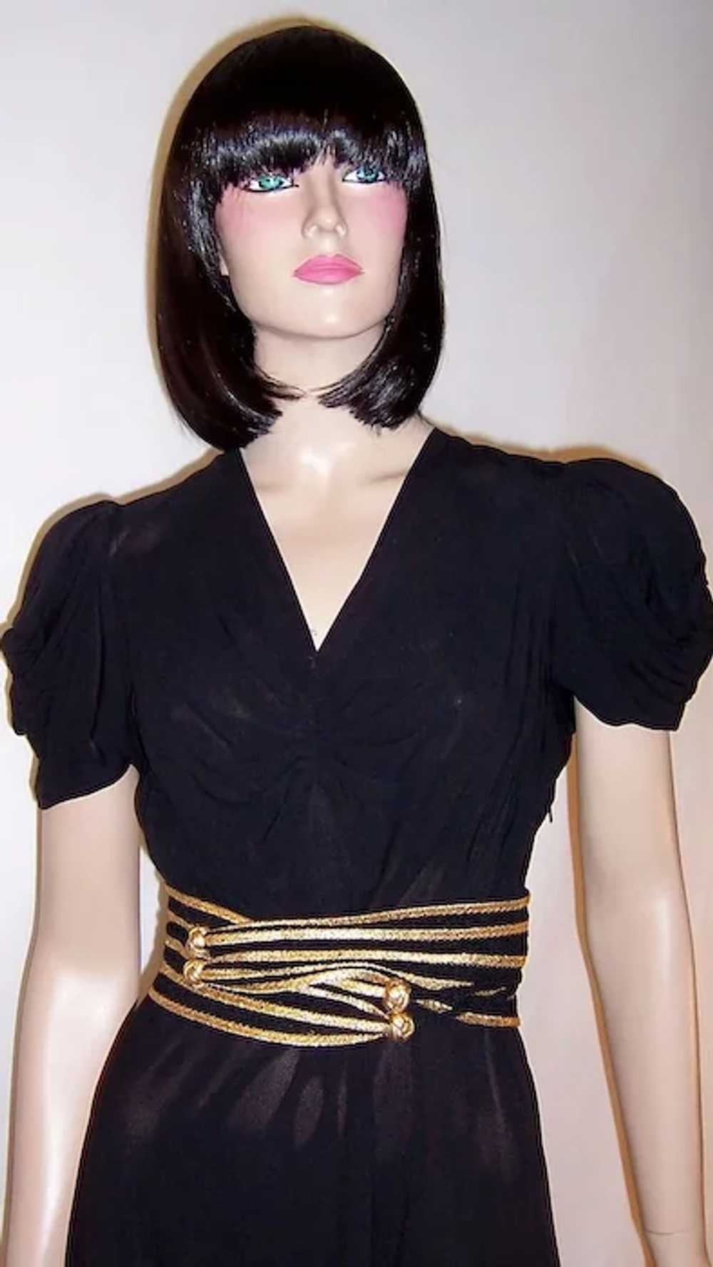 Thirties-Forties Black Crepe Gown with Gold Braid… - image 5