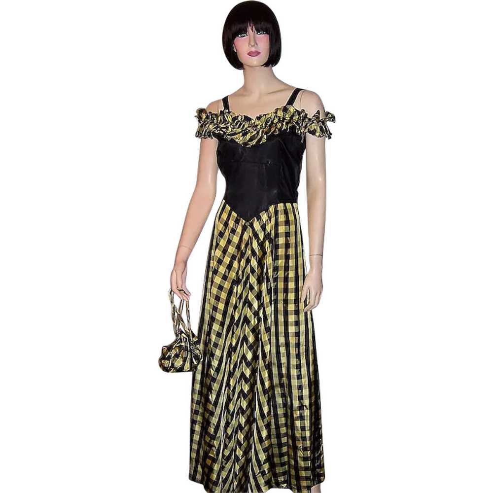 1940's Black & Yellow Checked Evening Gown with M… - image 1