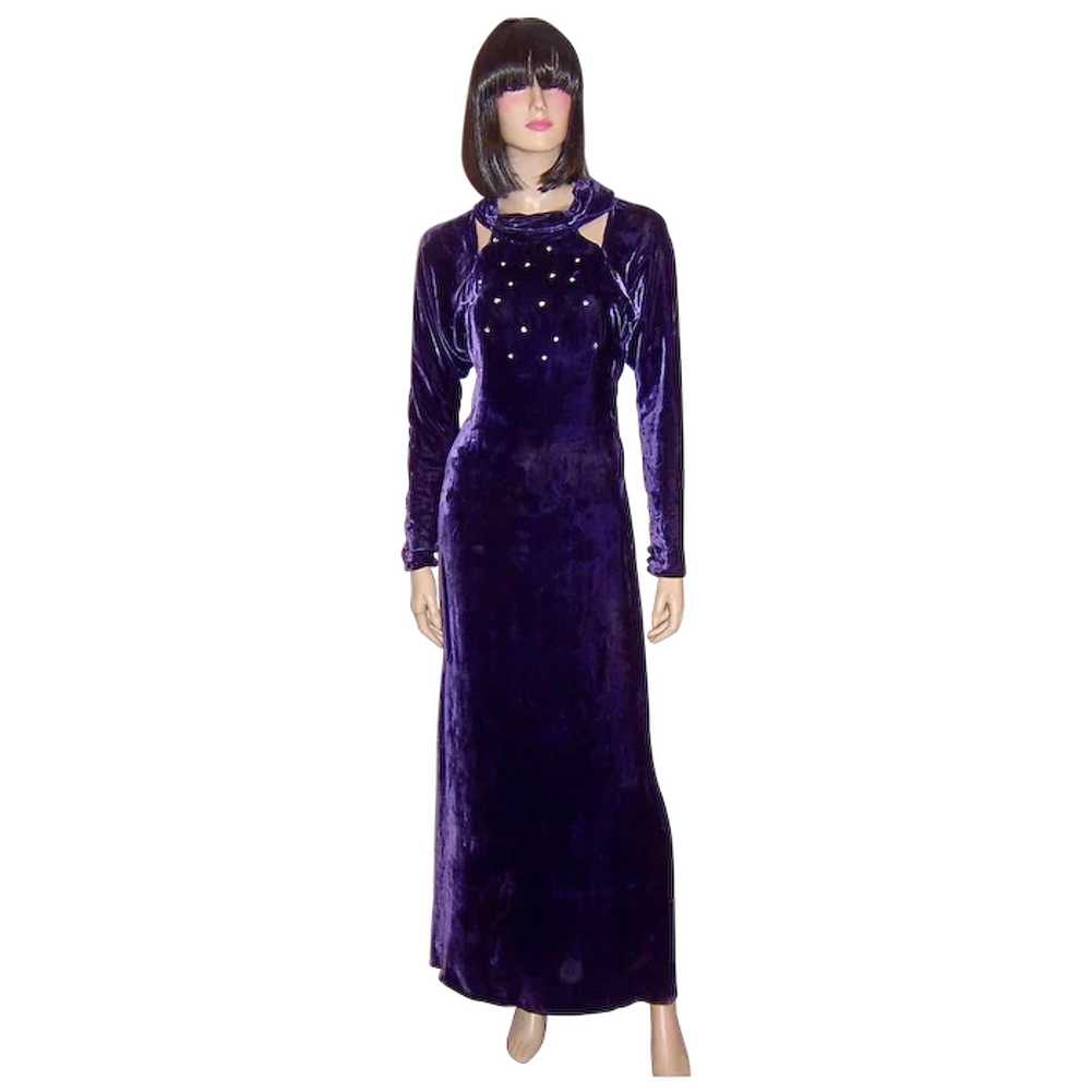 1930's Violet Silk Velvet Evening Gown with Rhine… - image 1