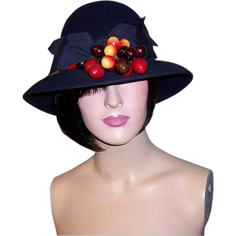 1960's Navy Woolen Felt Cloche-Style Hat with Wid… - image 1