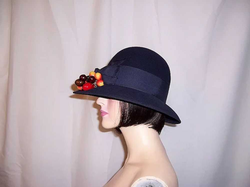 1960's Navy Woolen Felt Cloche-Style Hat with Wid… - image 2