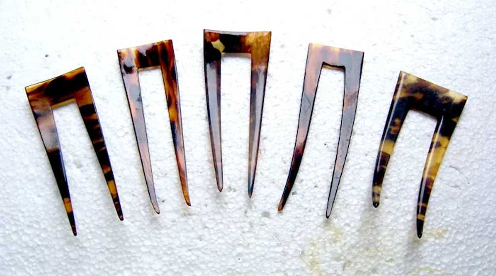 Five late Victorian hair pins celluloid faux shel… - image 3