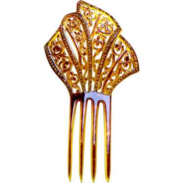 Art Deco hair comb amber rhinestones hair accesso… - image 1