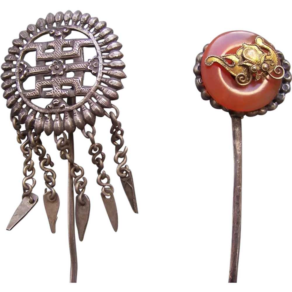 Two Chinese vintage hair pins gilded metal Qing d… - image 1