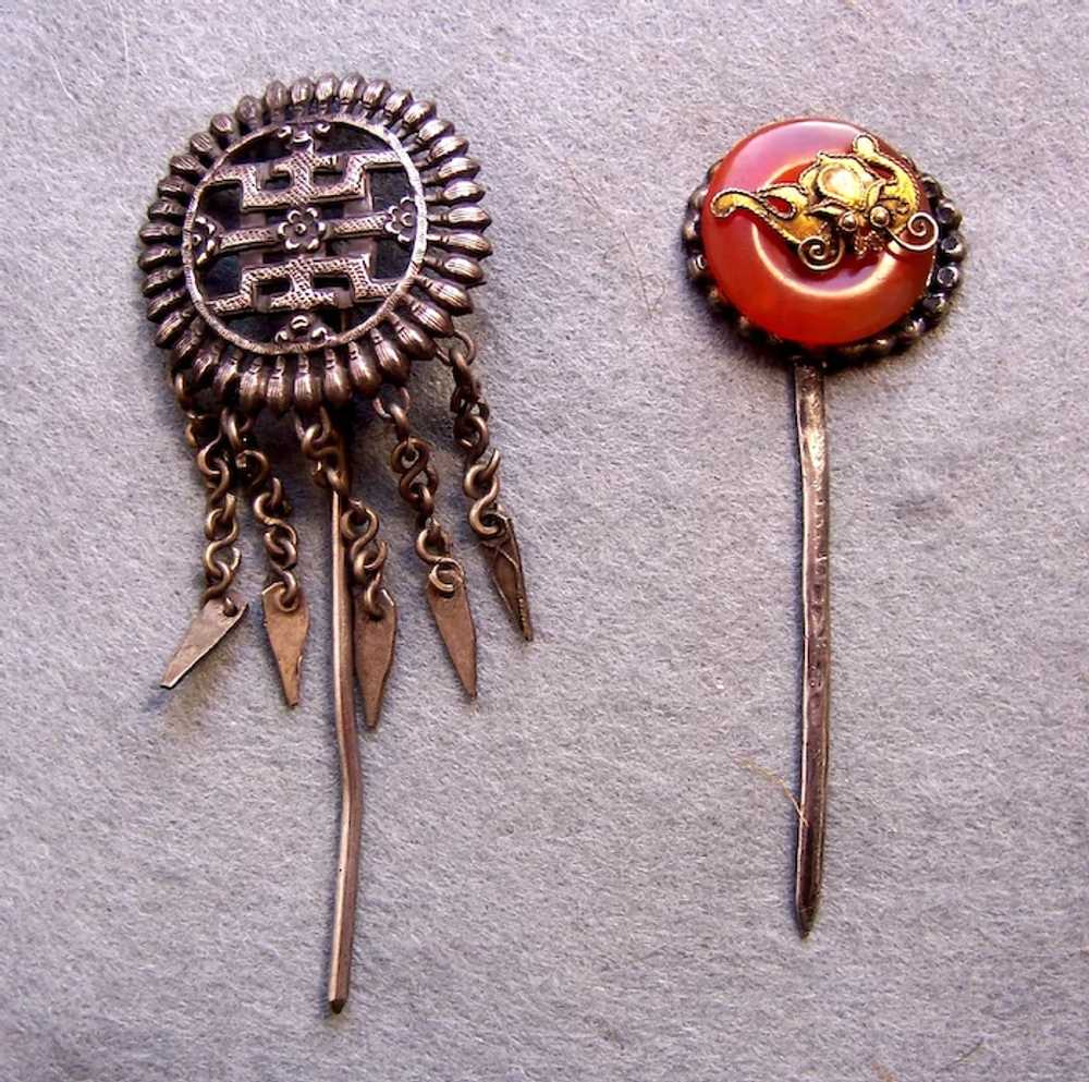 Two Chinese vintage hair pins gilded metal Qing d… - image 2
