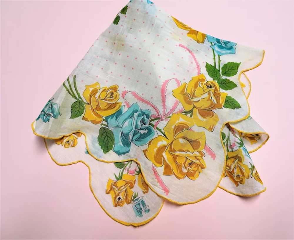 GORGEOUS Vintage Printed Blue Yellow Roses Hanky,… - image 2