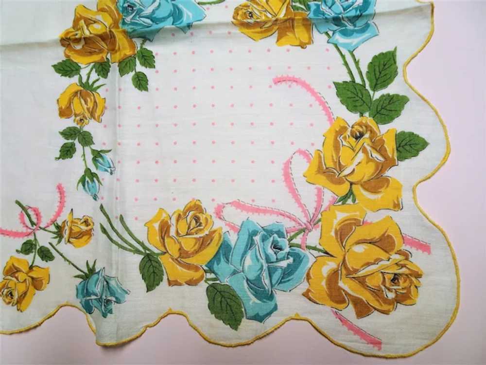 GORGEOUS Vintage Printed Blue Yellow Roses Hanky,… - image 3
