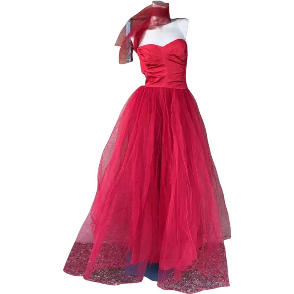 1950s Red Tulle Party Dress Formal Gown Sz S W26 - image 1