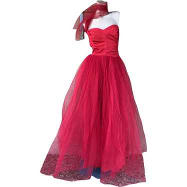 1950s Red Tulle Party Dress Formal Gown Sz S W26 - image 1