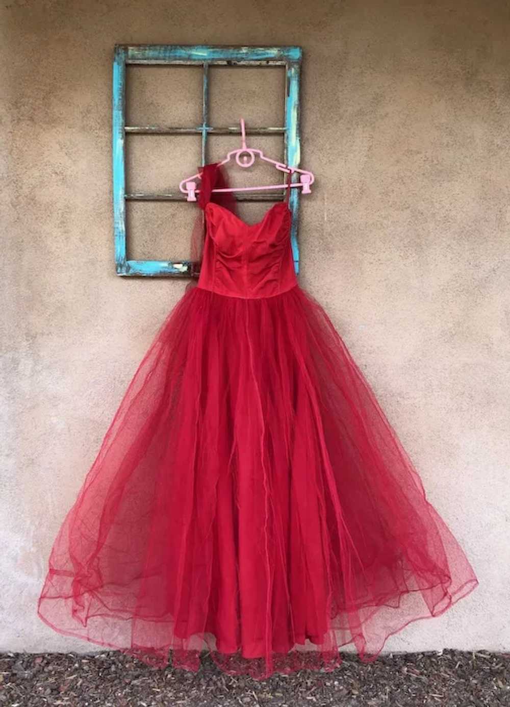 1950s Red Tulle Party Dress Formal Gown Sz S W26 - image 2