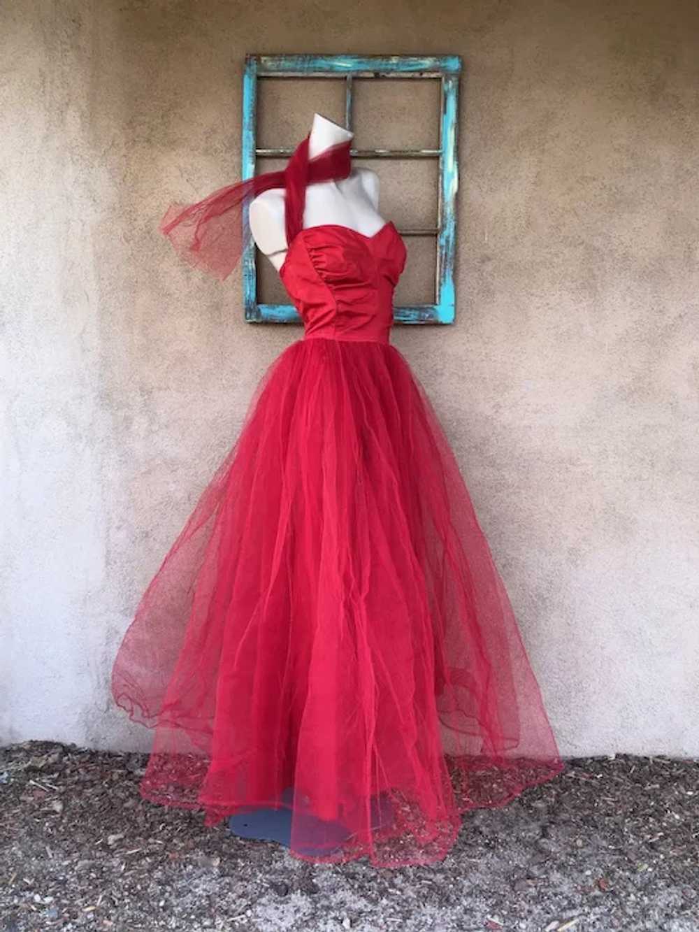 1950s Red Tulle Party Dress Formal Gown Sz S W26 - image 3